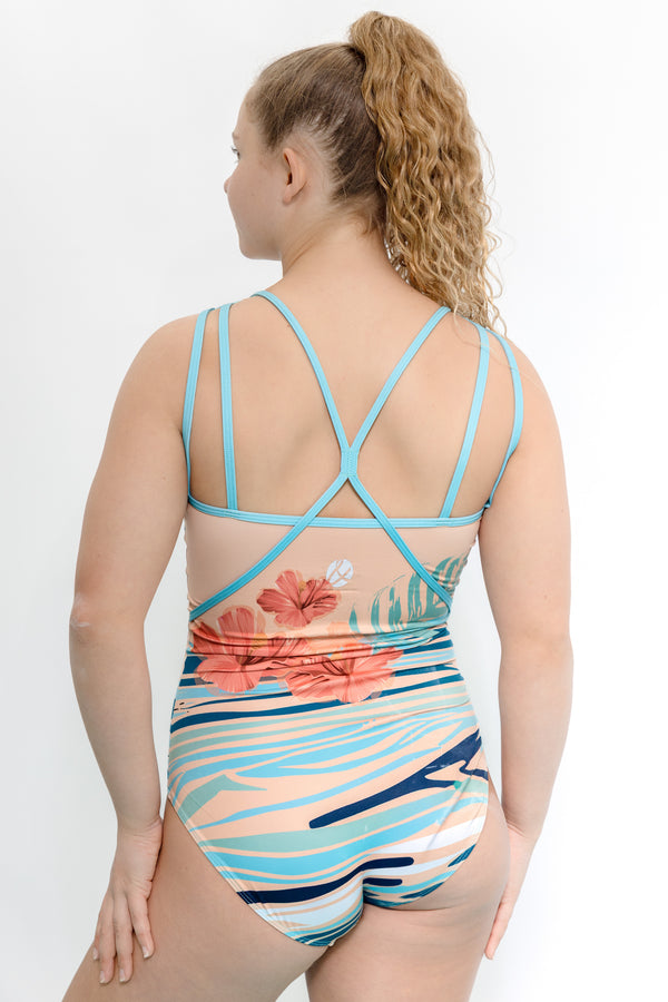 Girls gymnastics leotard front view with coastal surfside print design