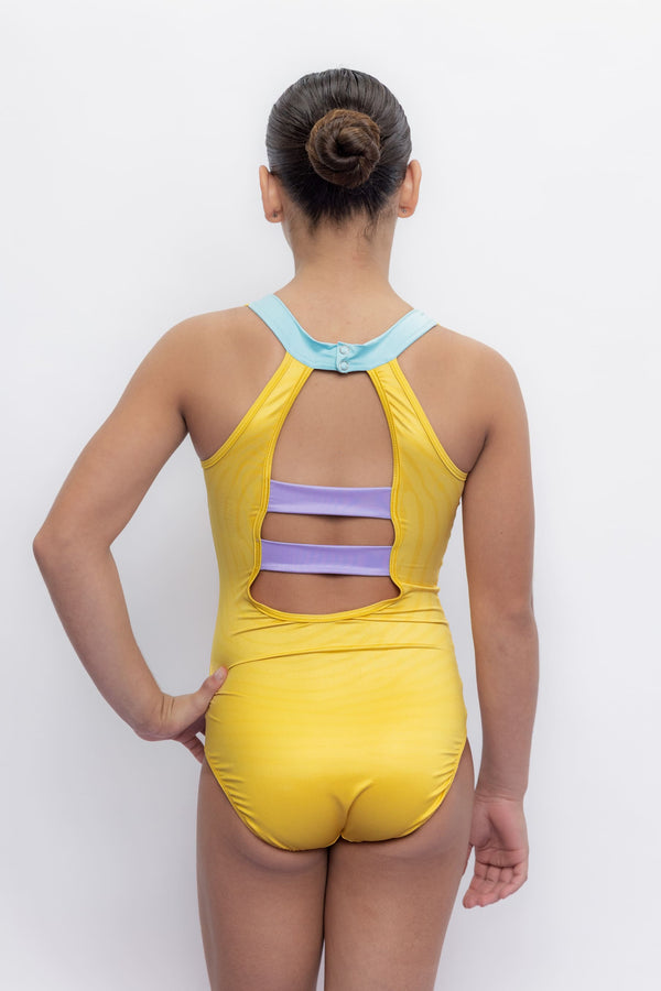 Girls gymnastics leotard front view with hope awareness print design