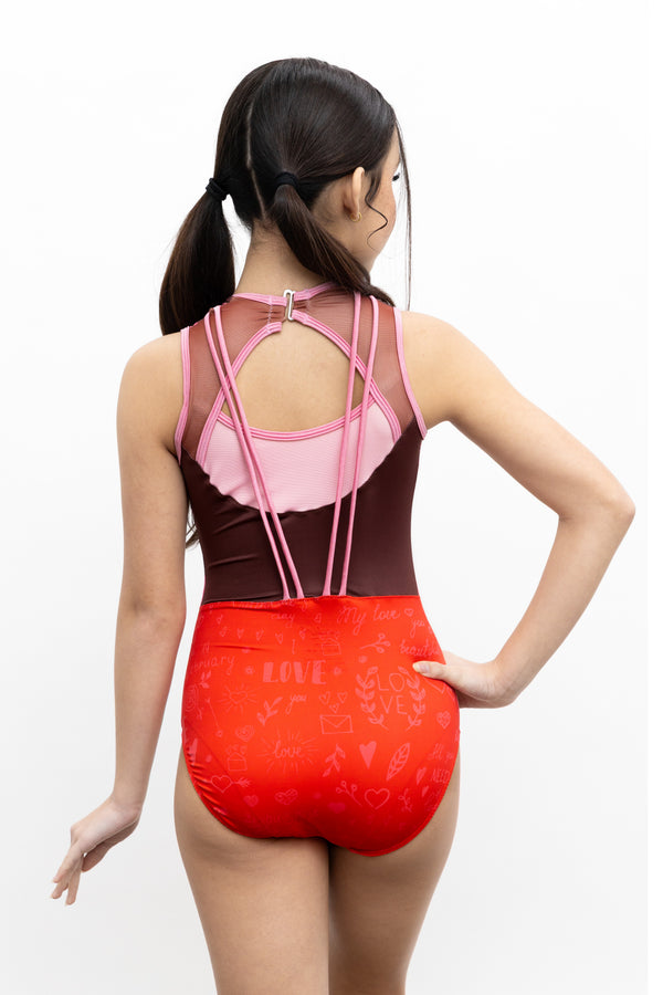 Girls gymnastics leotard front view with love notes print design
