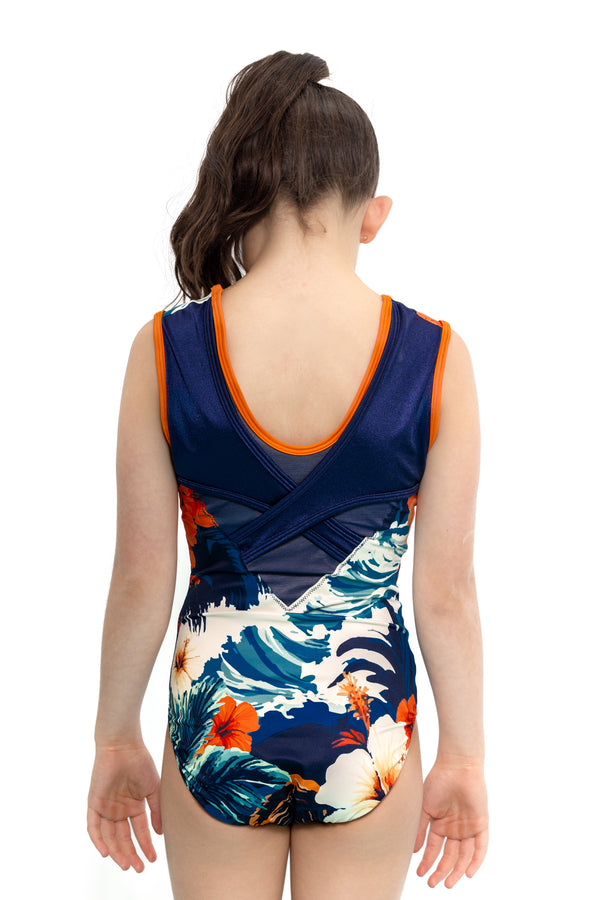 Girls gymnastics leotard front view with surf-themed tropical print
