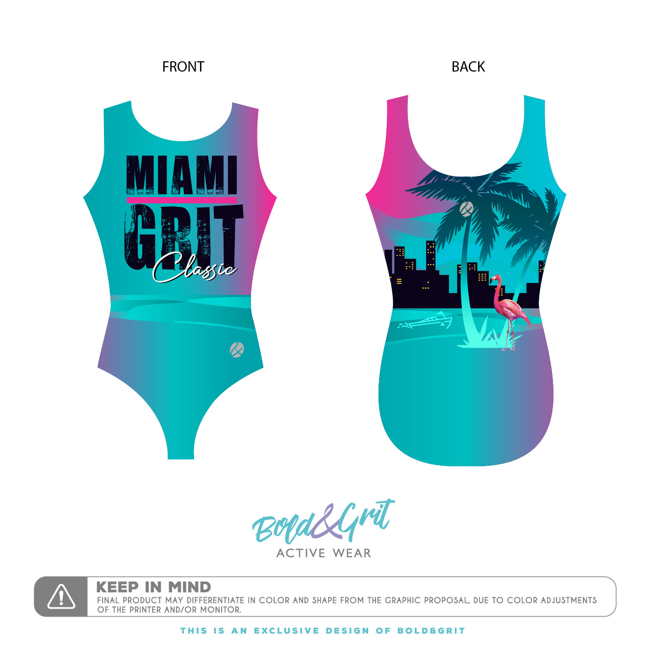 Girls gymnastics leotard front view with Miami Grit classic design 2025