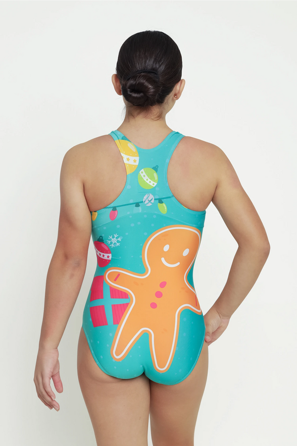 Girls gymnastics leotard front view with ginger cookie Christmas design