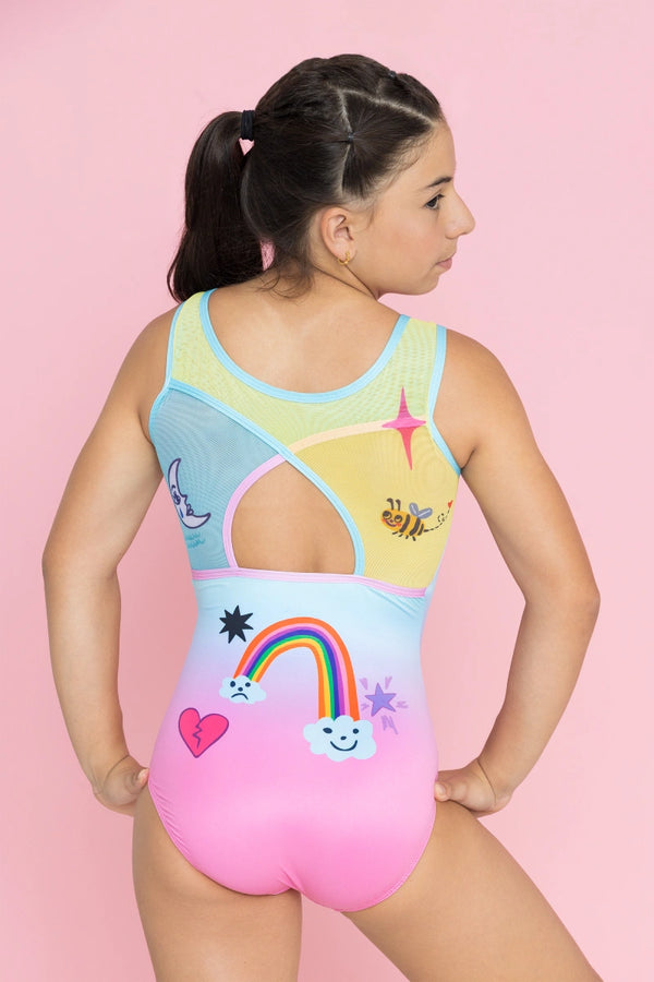Girls gymnastics leotard front view with colorful themed design