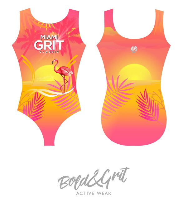 Girls gymnastics leotard front view with Miami Grit classic design 2024