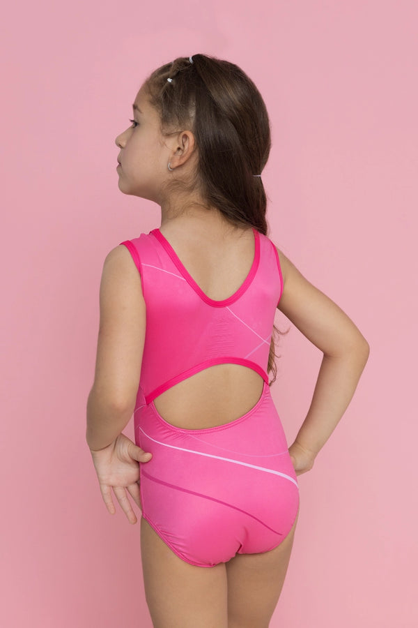 Girls gymnastics leotard front view with pink heart awareness design