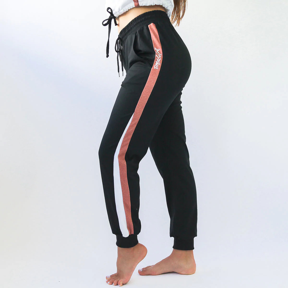Girls joggers side view with rose pink fabric