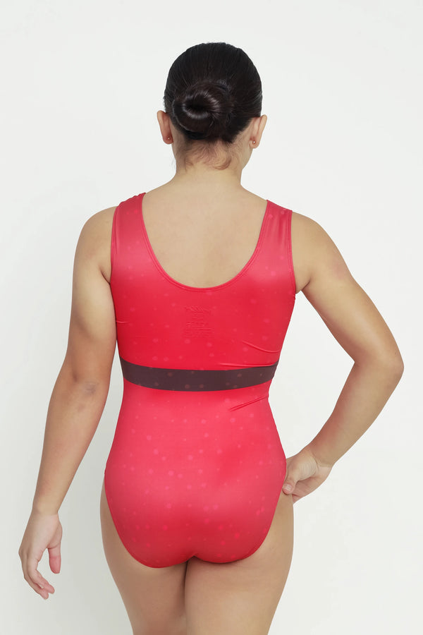 Girls gymnastics leotard front view with Santa's dress Christmas design