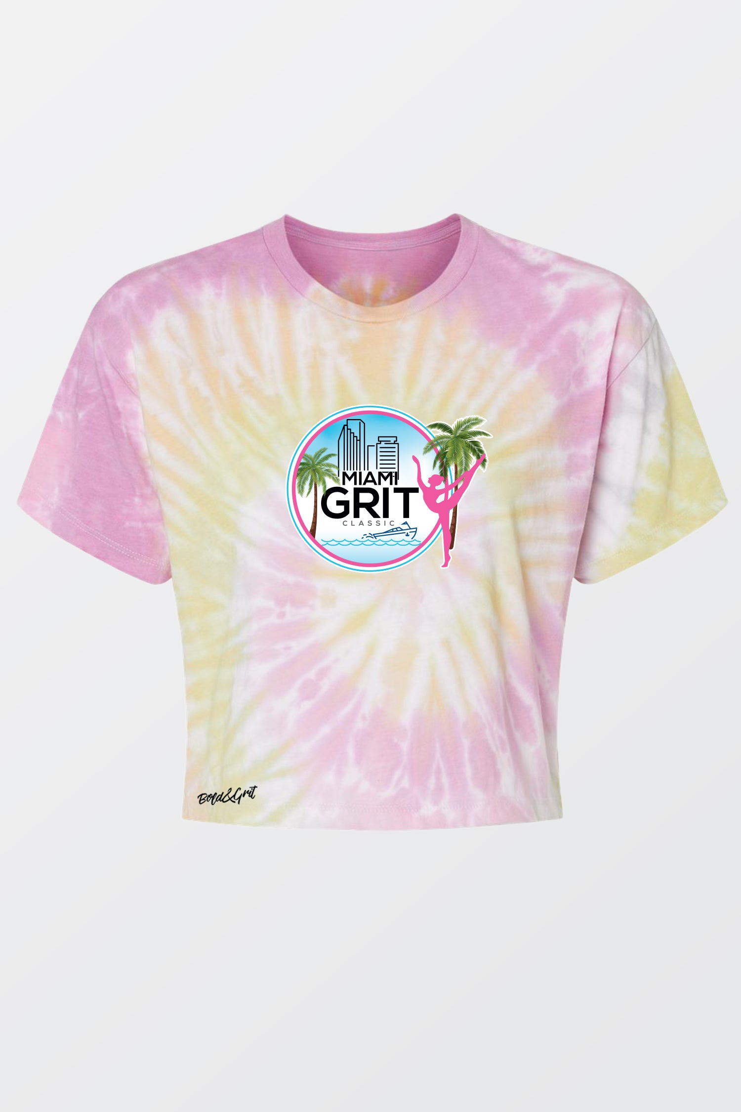 Tie-dye pink t-shirt with 'Miami Grit' graphic