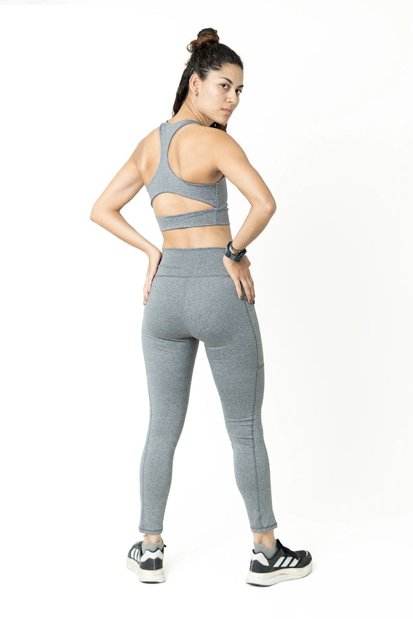 Women's leggings front view with silver energy print