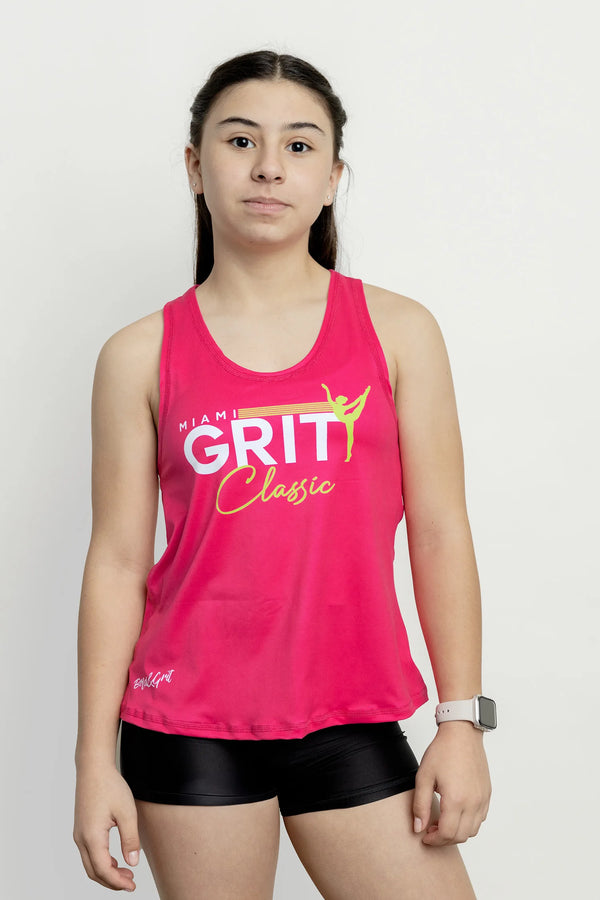 Girls tank top front view with solid pink fabric