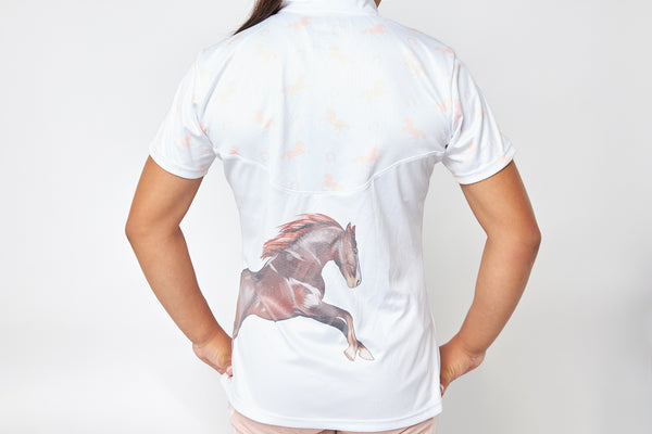 Girls t-shirt front view with white gold horse equestrian print
