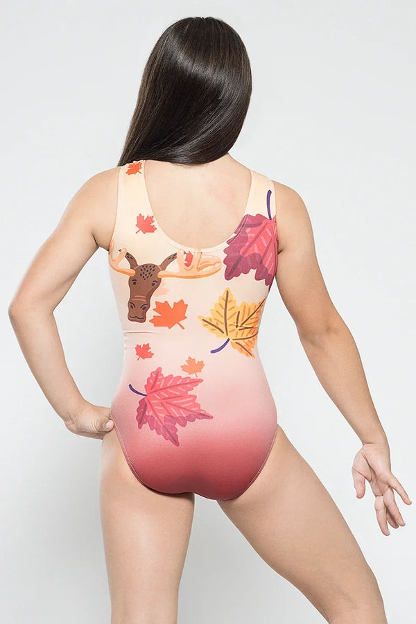 Girls gymnastics leotard front view with Canada-themed maple leaf design