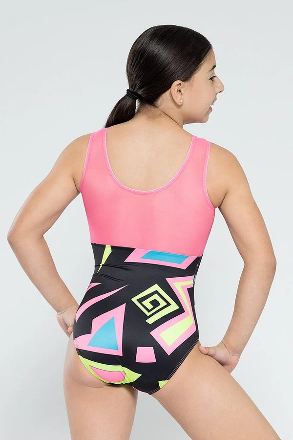 Girls gymnastics leotard front view with mesh tank print design