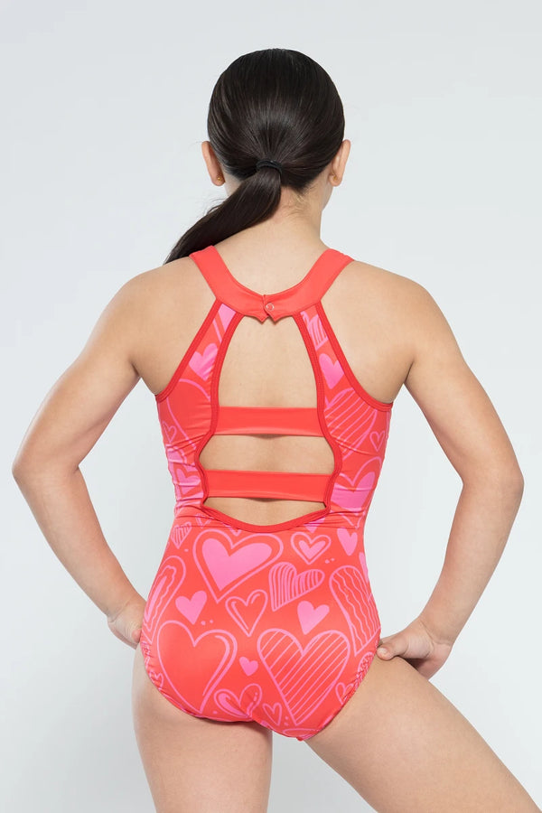 Girls gymnastics leotard front view with graffiti print design