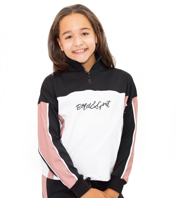 Girls sweatshirt back view with rose pink fabric