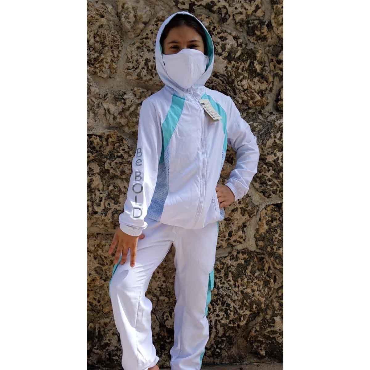 PROTECTIVE WHITE AND BLUE GIRLS' JACKET - FACE MASK INCLUDED - Bold&Grit