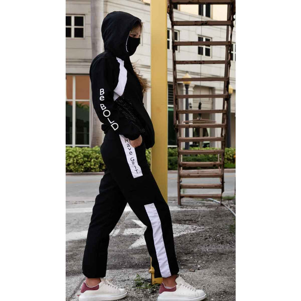 Women's joggers front view with black and white design