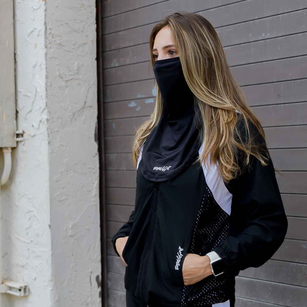 Women's jacket front view with black and white design