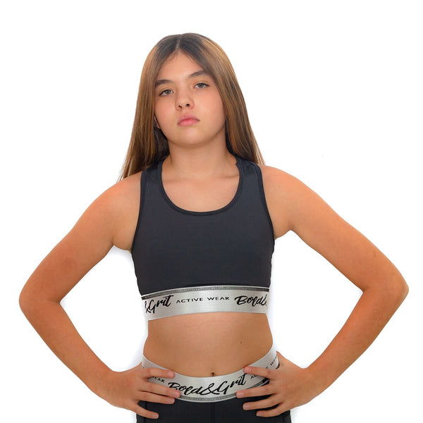 Girls sports bra front view with motivational print