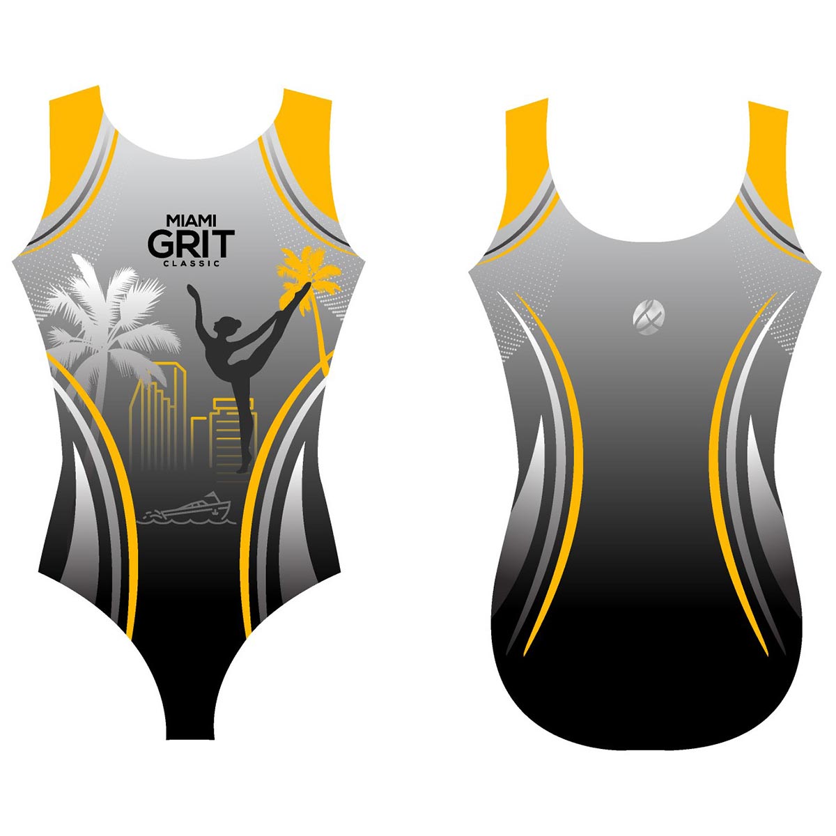 Girls gymnastics leotard front view with Miami Grit classic design 2022