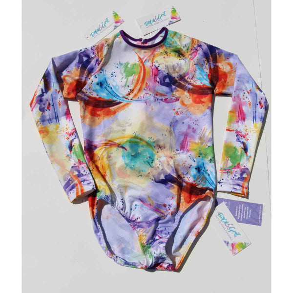 Girls long sleeve swimsuit back view with multicolored print design