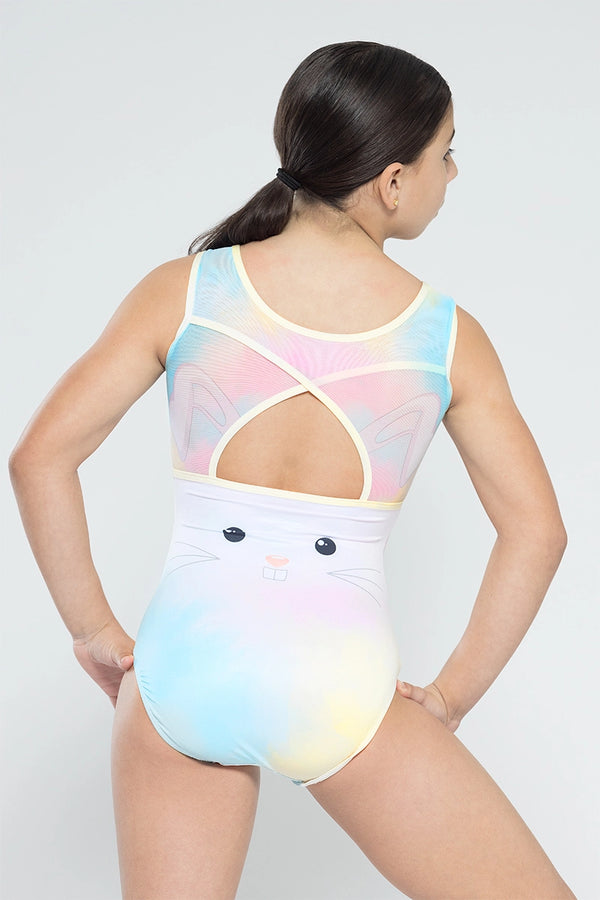Girls gymnastics leotard front view with pastel bunny Easter design