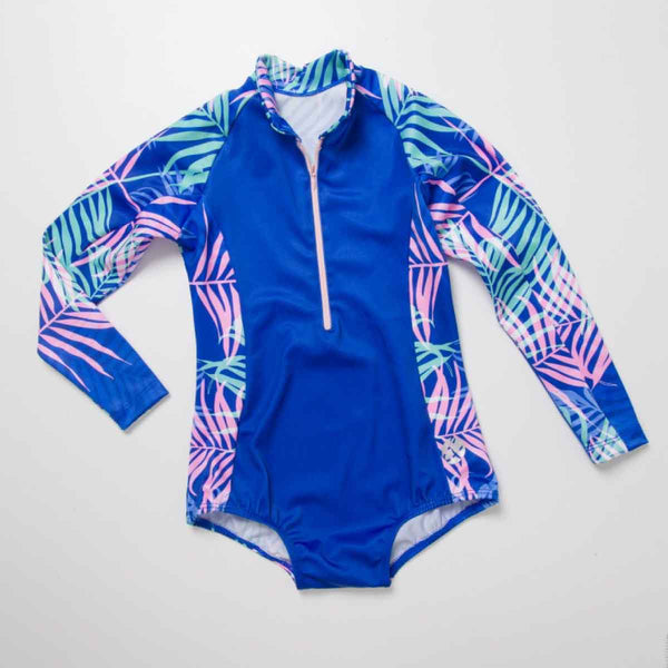 Girls long sleeve swimsuit front view with pink palms print design