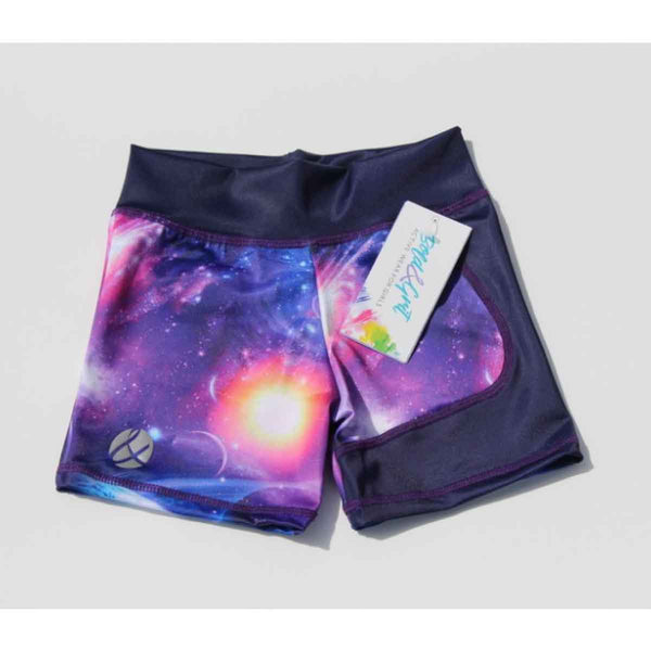 Girls shorts front view with space themed love print