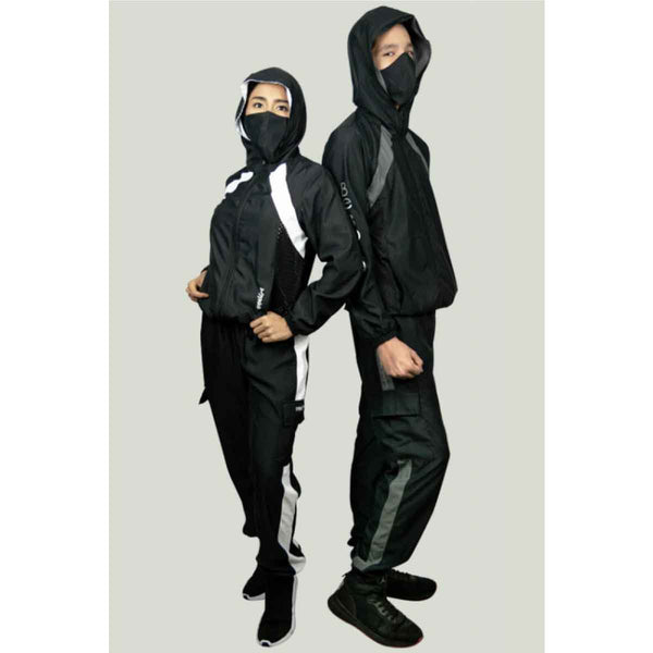 Jacket front view with black and gray protective design