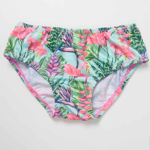 Girls swimsuit front view with tropical flowers design