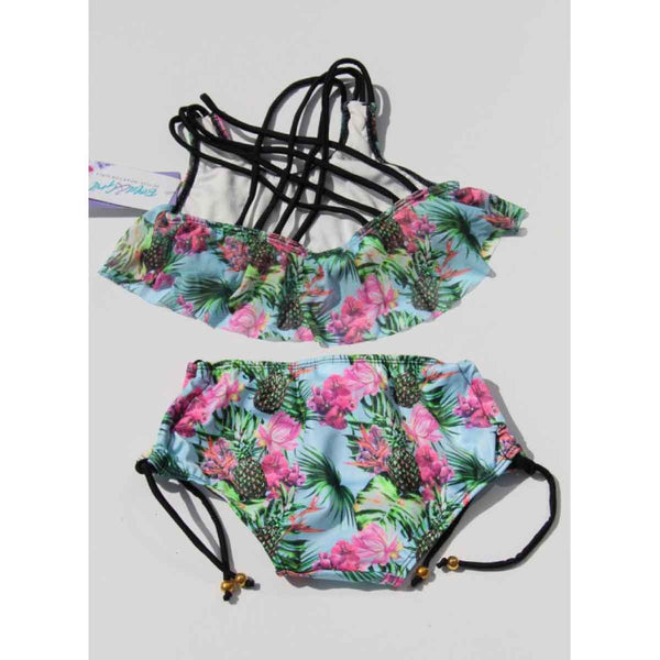 Girls swimsuit front view with tropical fruits print design