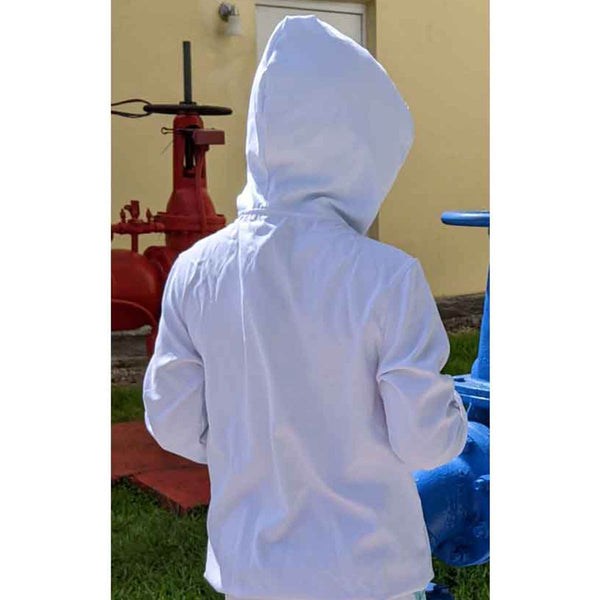 Girls jacket front view with white and blue design