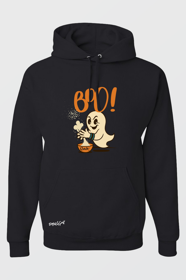 Girls hoodie front view with spooky Halloween graphic print