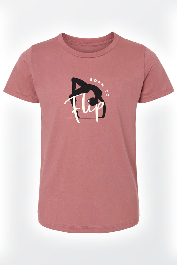 Girls t-shirt front view with mauve gymnastics graphic print