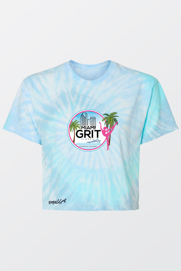 Women's t-shirt front view with tie dye Miami Grit print
