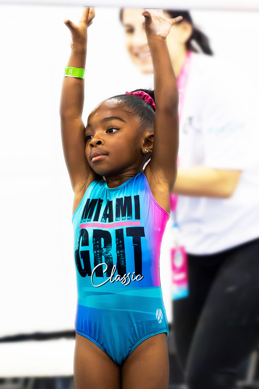 Girls gymnastics leotard front view with Miami Grit 2025 competition design