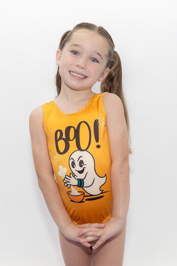 Girls gymnastics leotard front view with spooky gym Halloween design