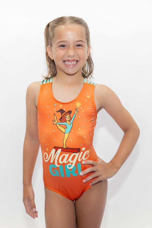 Girls gymnastics leotard front view with magic girl print design