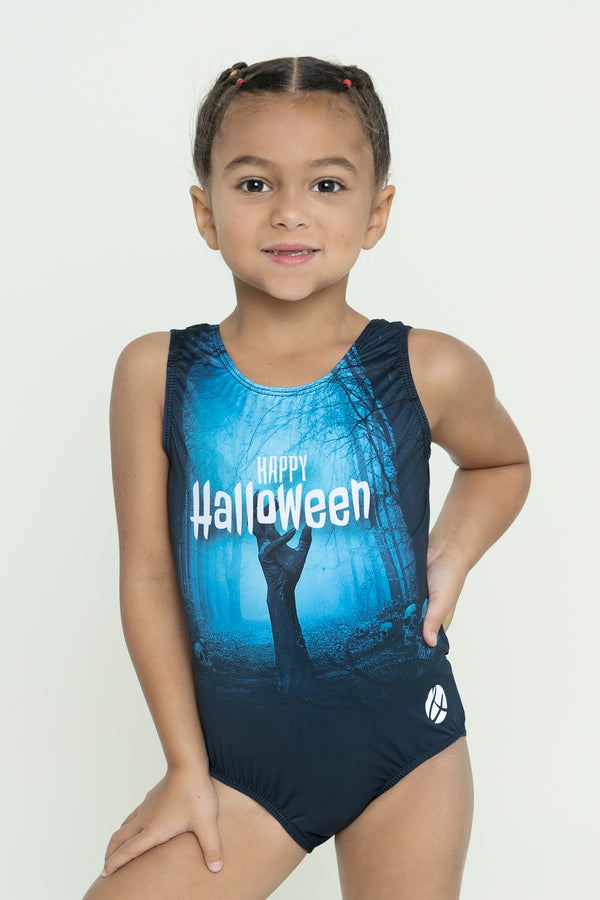 Girls gymnastics leotard front view with zombie Halloween print design