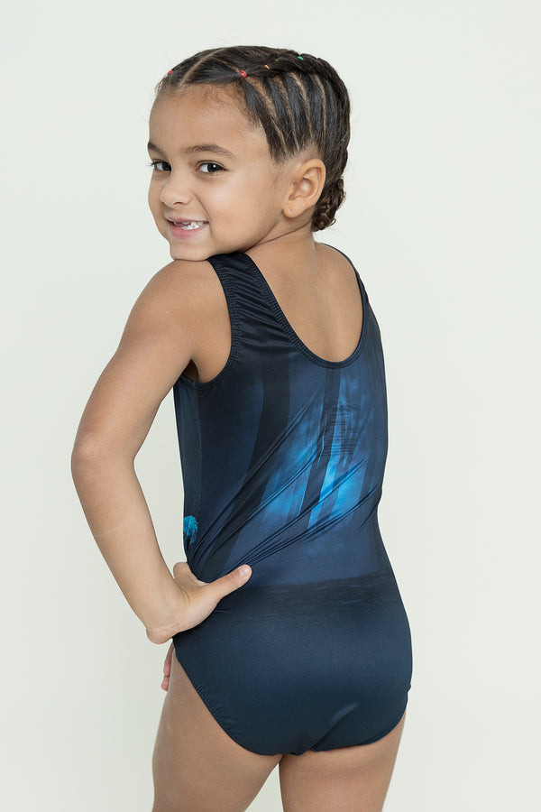 Girls gymnastics leotard front view with zombie Halloween print design