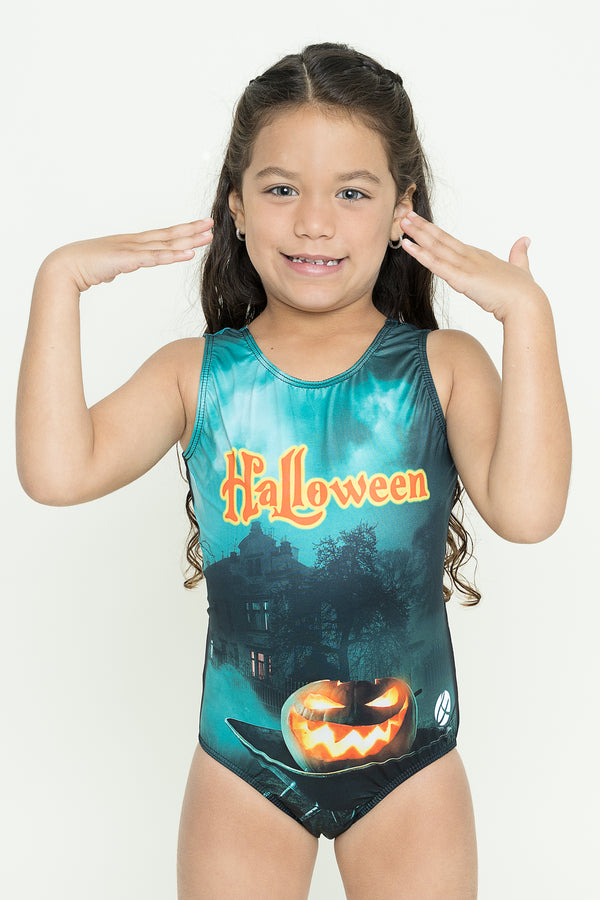 Girls gymnastics leotard front view with creepy Halloween print design