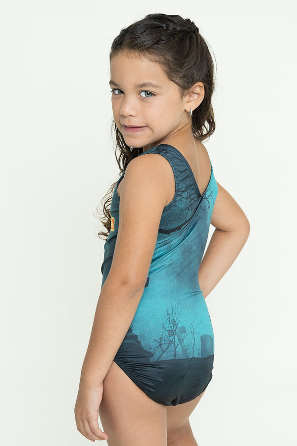 Girls gymnastics leotard front view with creepy Halloween print design