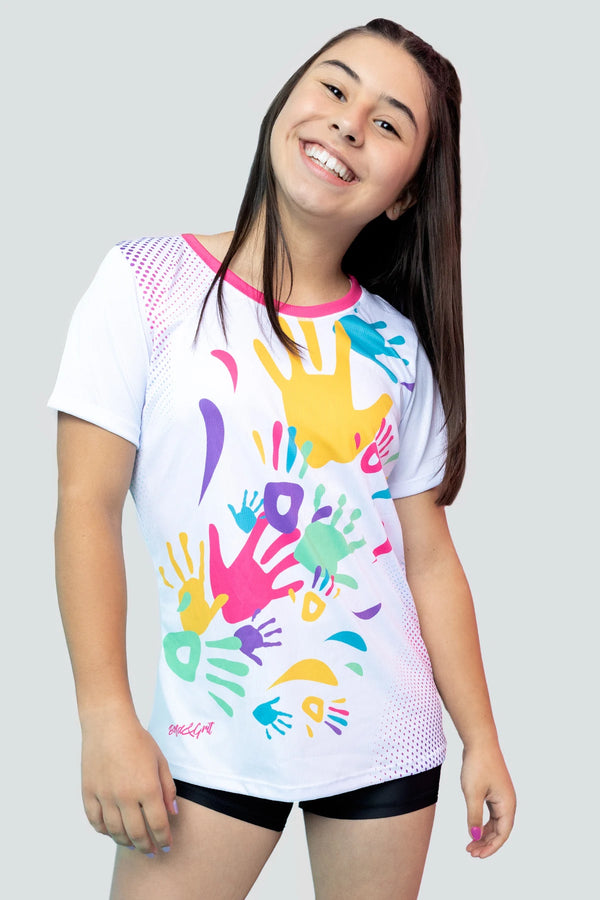 Girls t-shirt front view with multicolor awareness ribbon print
