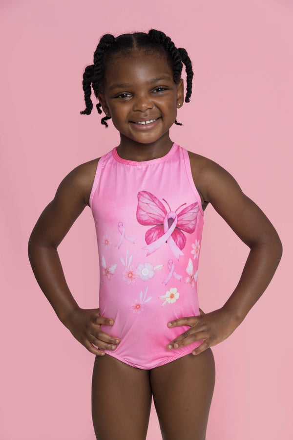 Girls gymnastics leotard front view with awareness butterfly print design