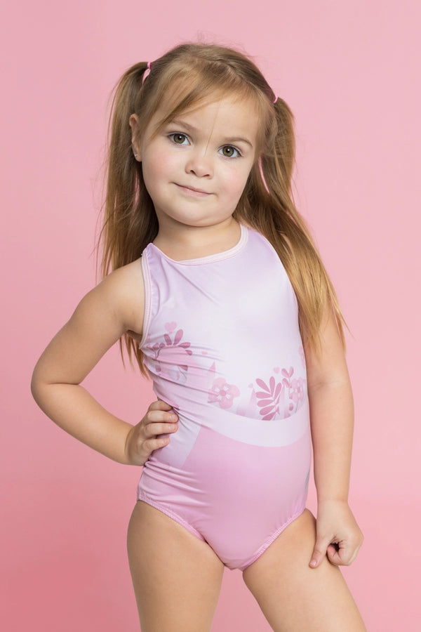Girls gymnastics leotard front view with awareness floral print design