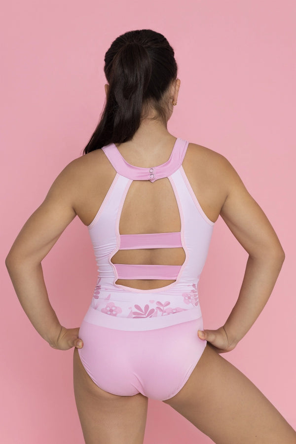 Girls gymnastics leotard front view with awareness floral print design