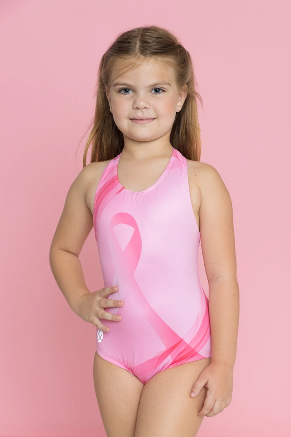 Girls gymnastics leotard front view with awareness ribbon print design