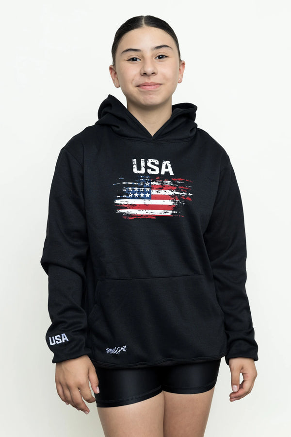 Girls hoodie front view with black USA flag design