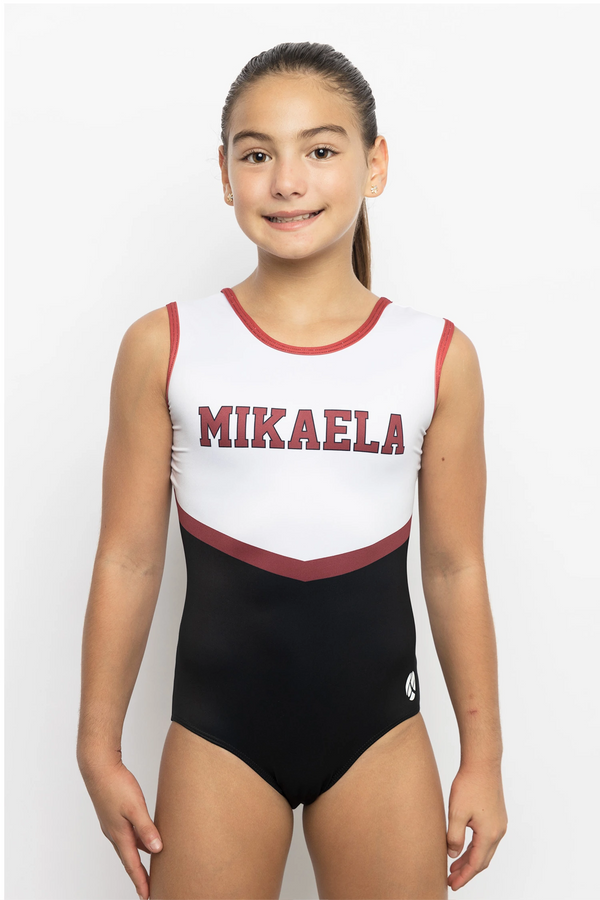 Girls gymnastics leotard front view with black victory graduation year design