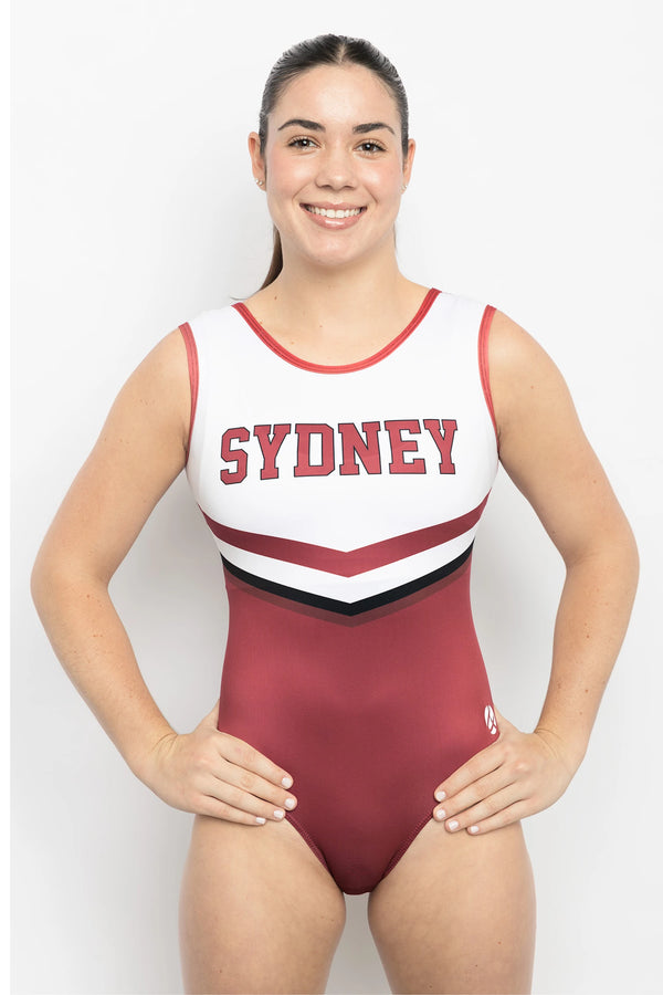 Girls gymnastics leotard front view with crimson class graduation year design